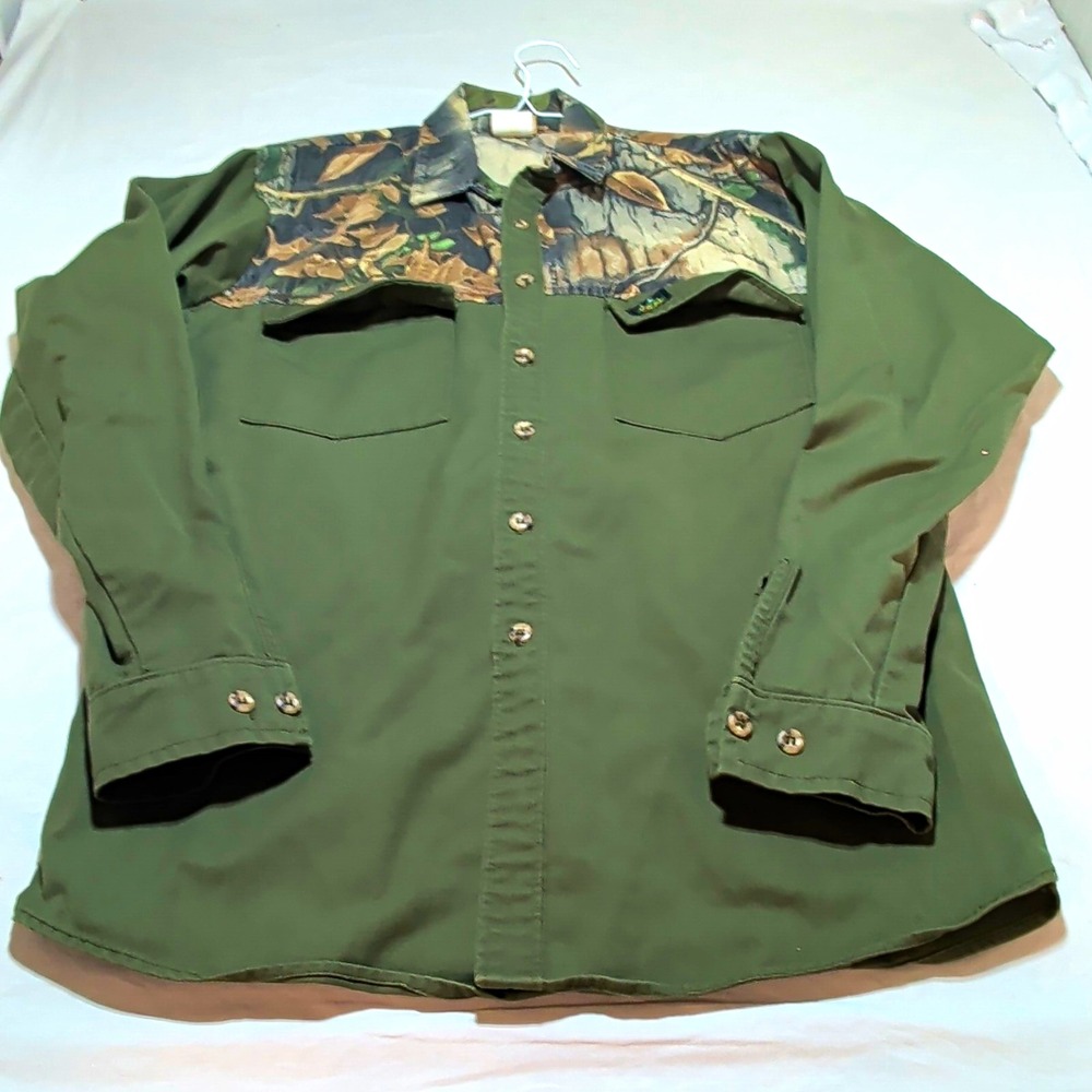 Ideal Mens Shirt Medium Green Camo Button Front Long Sleeve Made In USA 634 Vtg